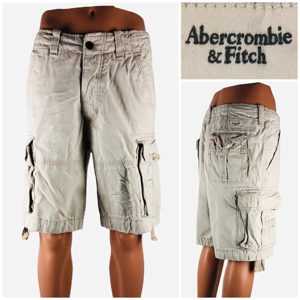 Abercrombie & Fitch Mens 32 Cargo Shorts Drawstring Twill Heavy Duty Distressed